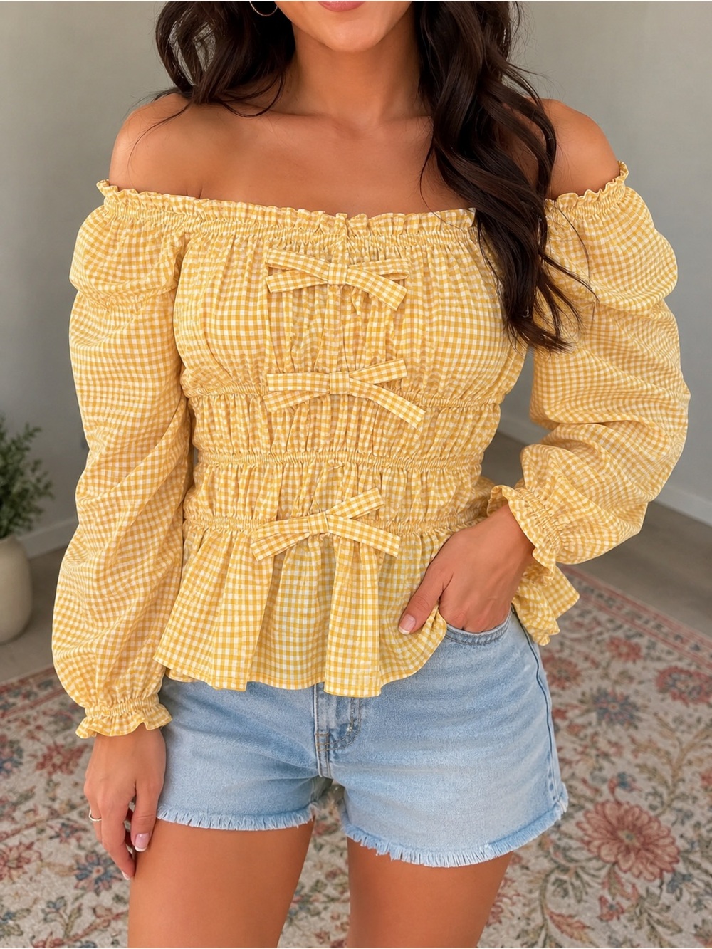 Gingham Yellow Off-Shoulder Smocked Peplum Top